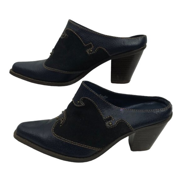 Western Blue Leather Suede Mules Boot Style Clogs Sz 6 Brass Studs Rodeo Slip On - Picture 1 of 12